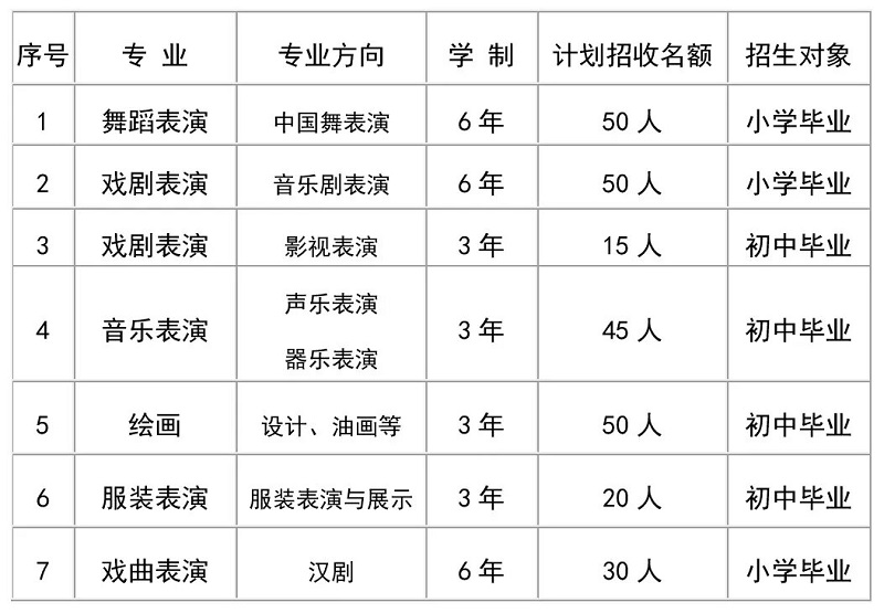 武汉市艺术学校2024年招生专业及计划